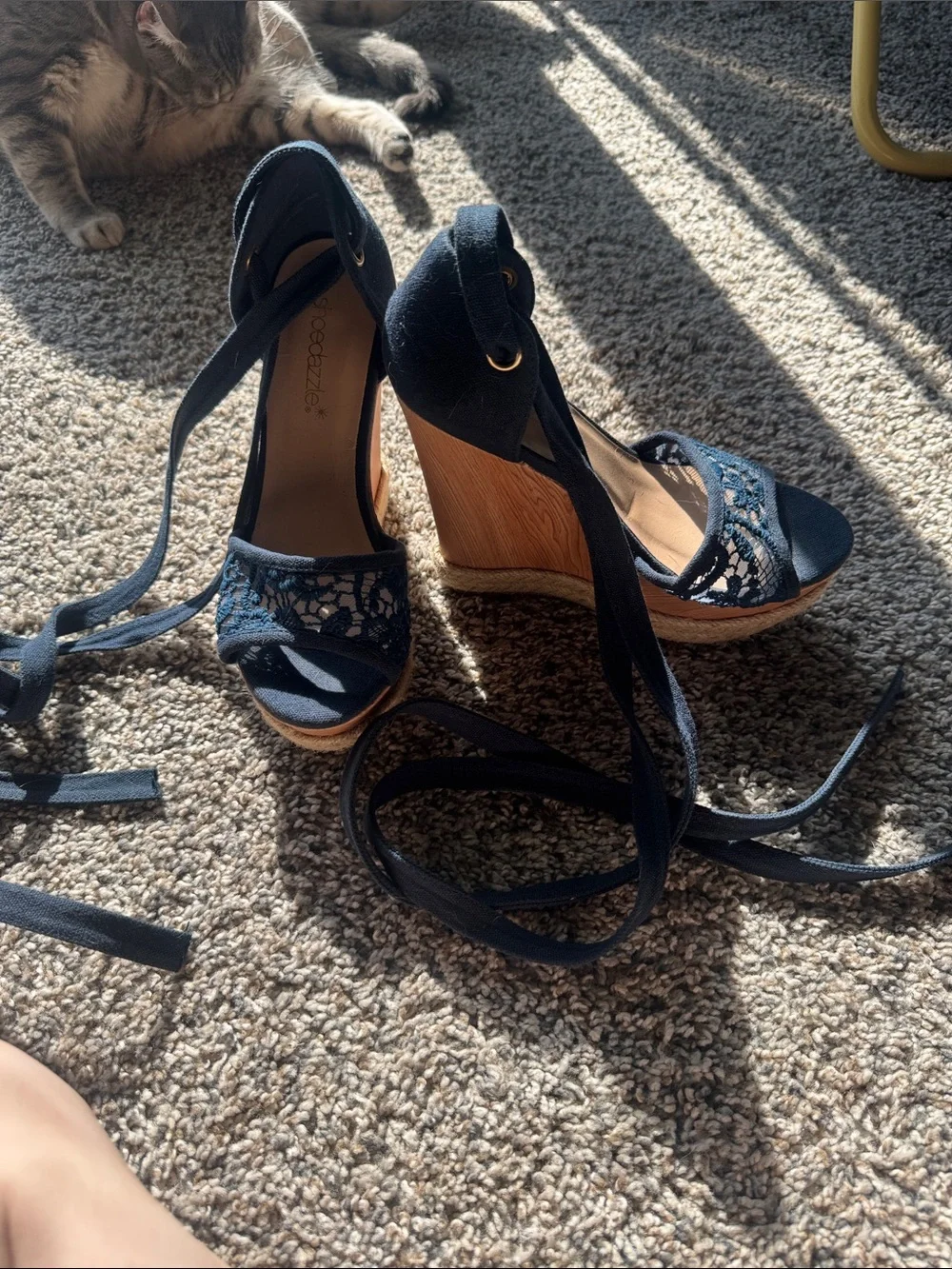 Lace Espadrille Wedge Sandals with Ankle Tie - Navy